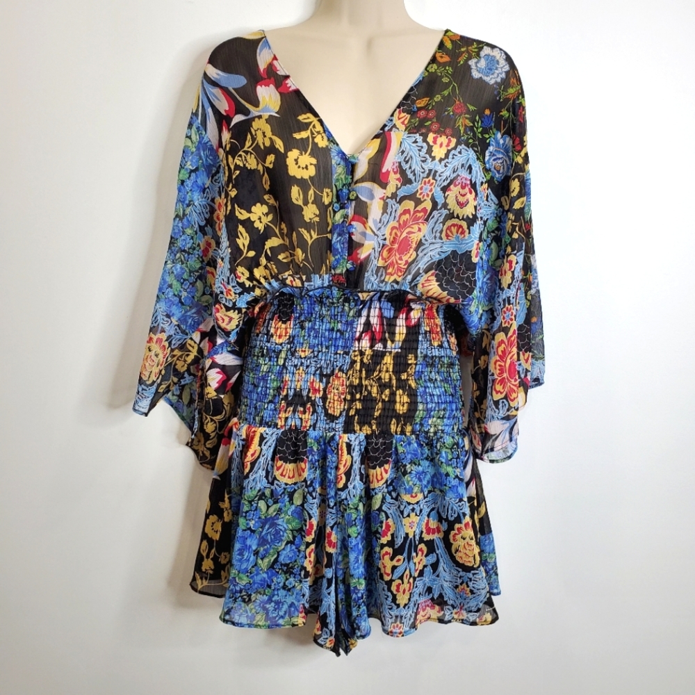 Zara Patchwork Floral Smocked Front Romper, Size Small